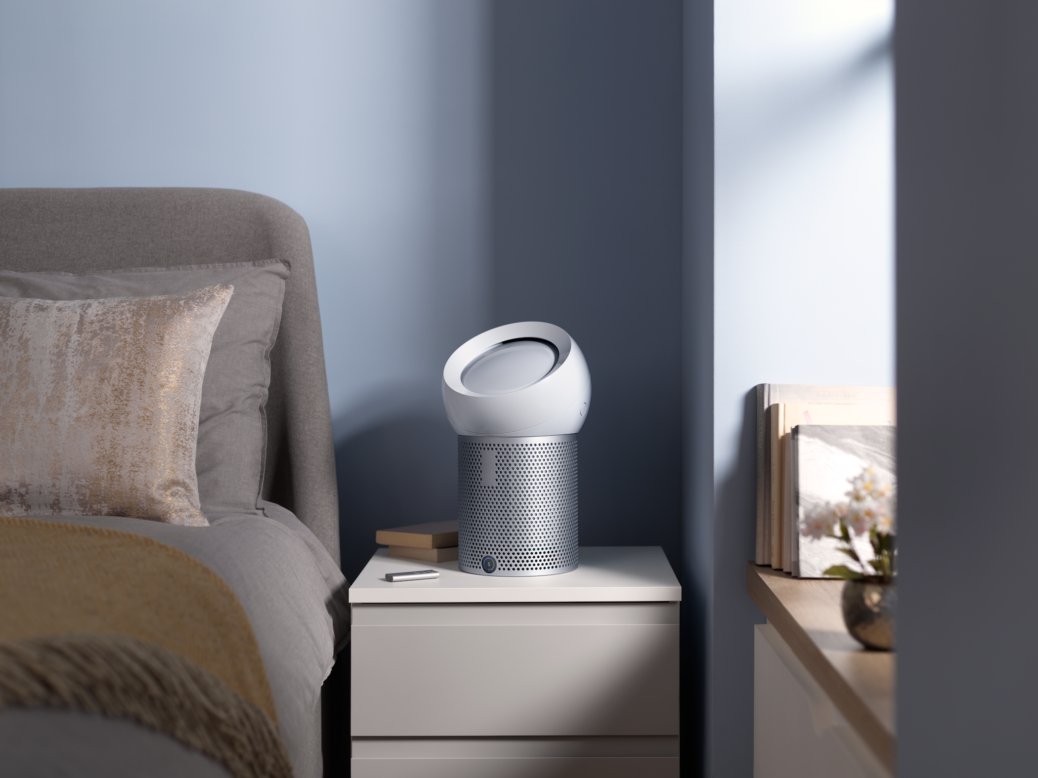 Dyson Pure Cool Me White Silver on Bedside Table